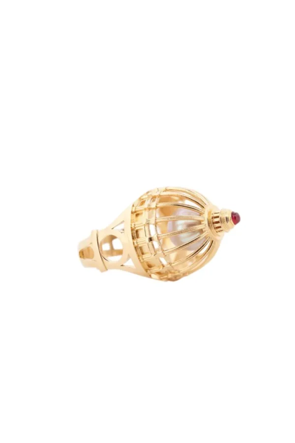 Discount Anello Cupola. Argento placcato oro, perla naturale e rubino Anelli