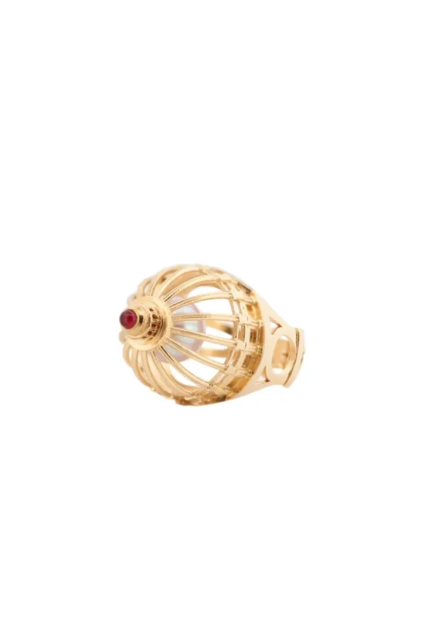 Discount Anello Cupola. Argento placcato oro, perla naturale e rubino Anelli