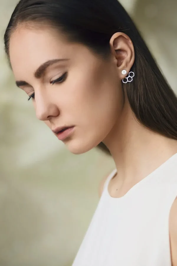 New Ear Jackets Esagonini Bronzo Placcato Oro con Perle Orecchini