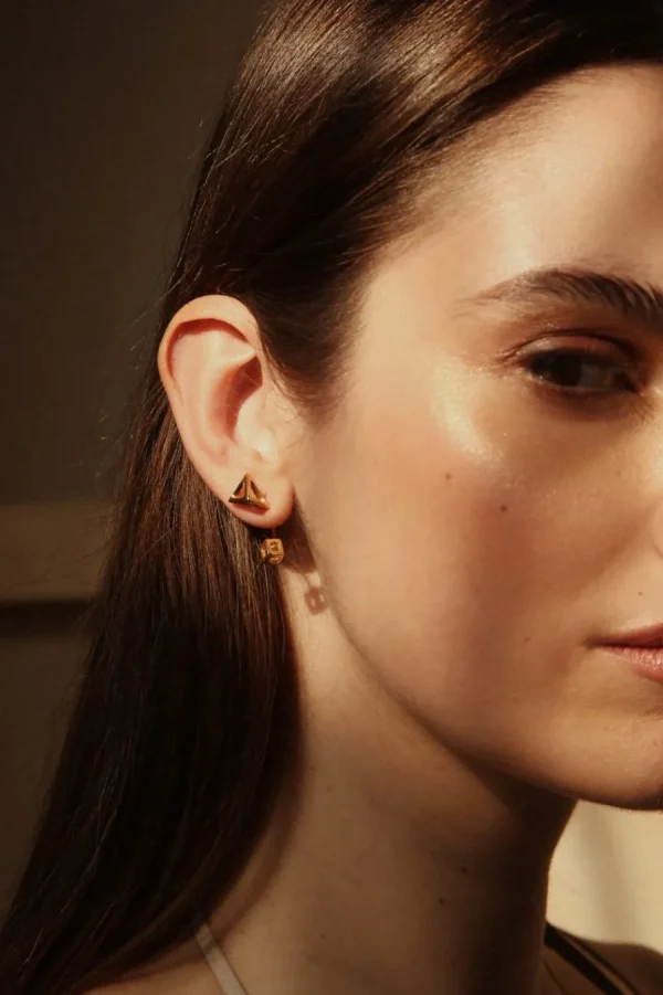 Fashion Orecchino Singolo Prismatic Cube Argento Placcato Oro Orecchini